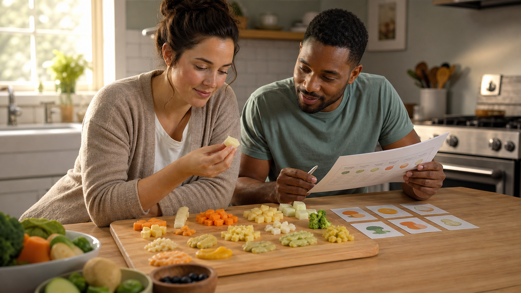 Cinematic 3D caregivers planning age-appropriate food textures and sizes before starting solids