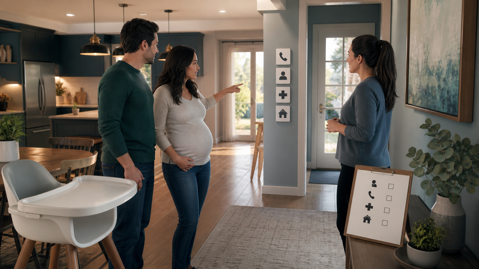 Cinematic 3D caregiver handoff walk-through for infant choking readiness in the actual home