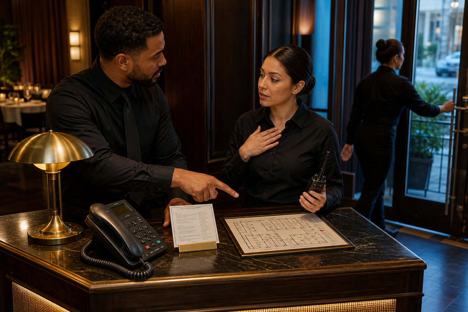 Cinematic 3D restaurant host stand with phone address card table map and 911 caller assignment