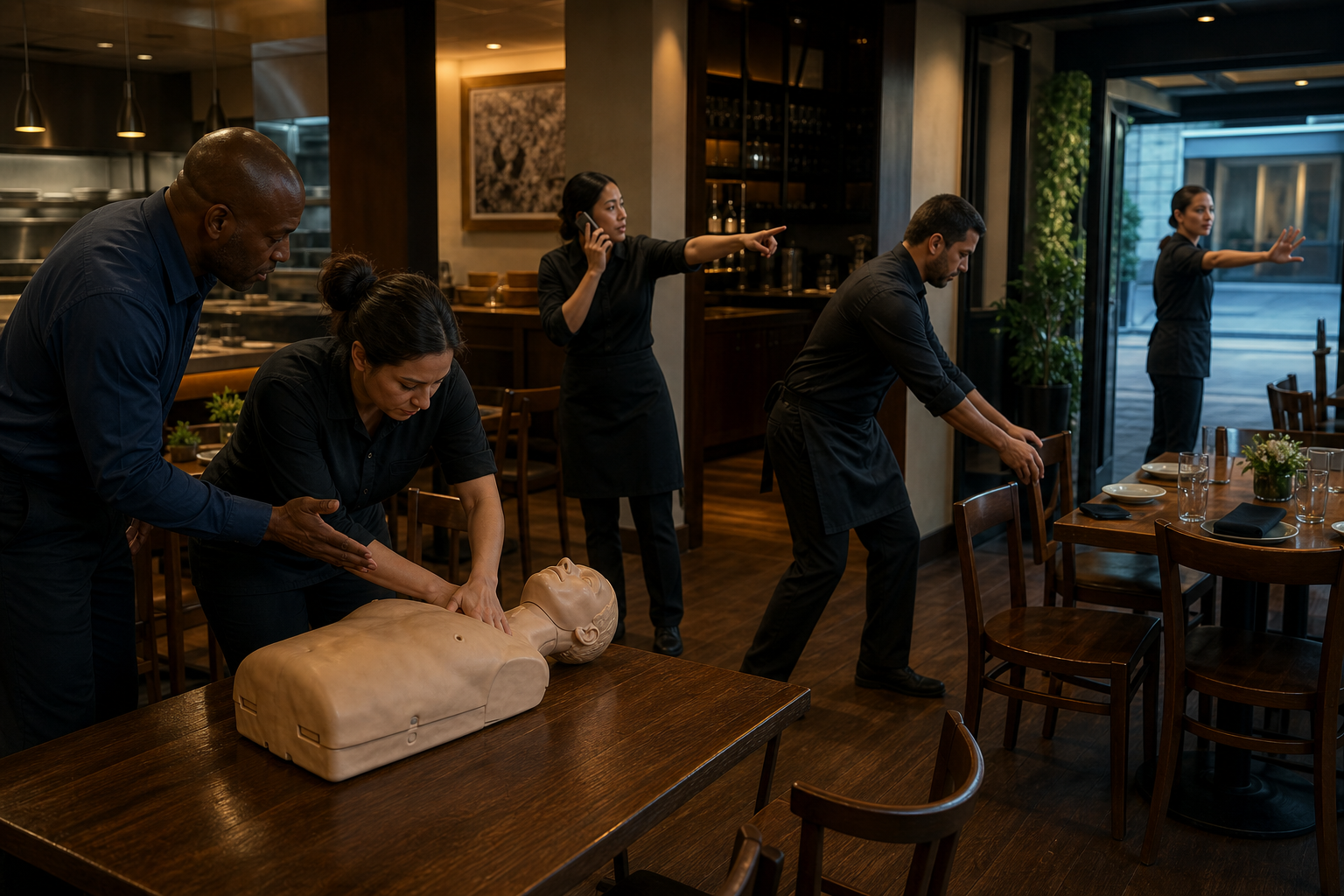 Cinematic 3D restaurant staff choking response drill with responder caller crowd-clearer and EMS guide roles
