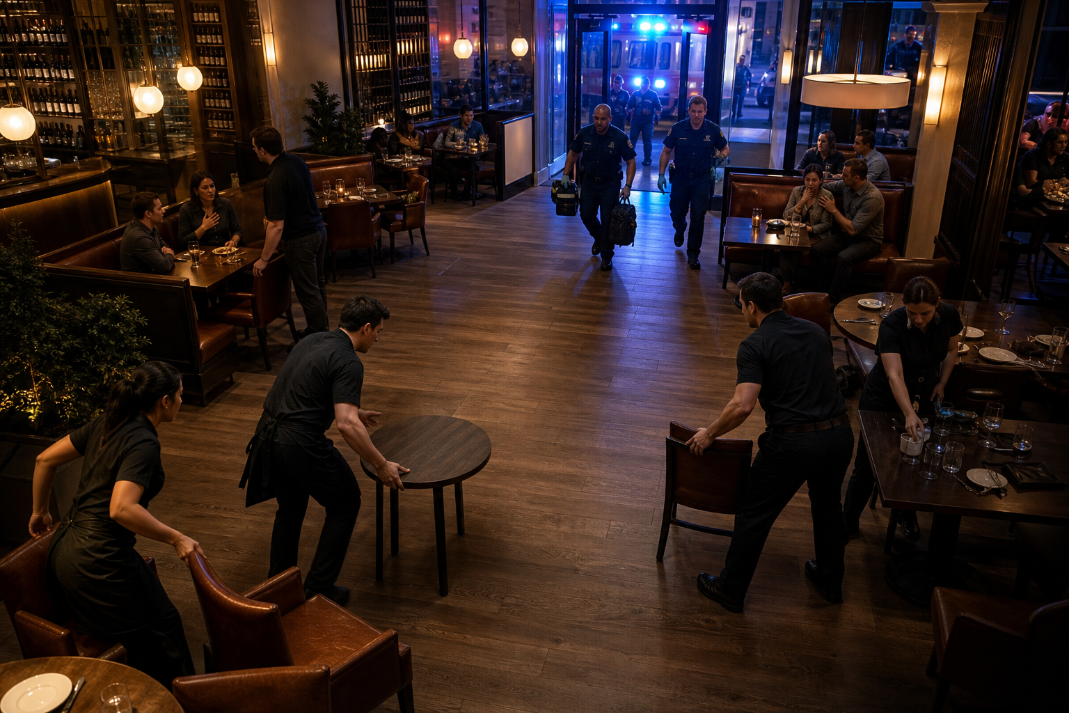 Cinematic 3D restaurant floor access scene with tables and chairs cleared for rescue and EMS entry