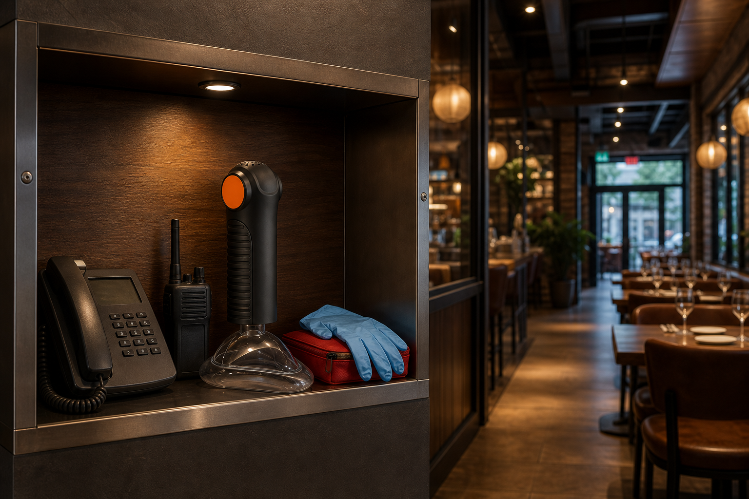 Cinematic 3D restaurant emergency readiness station with real EasyPumpVac second-line backup and staff communication tools