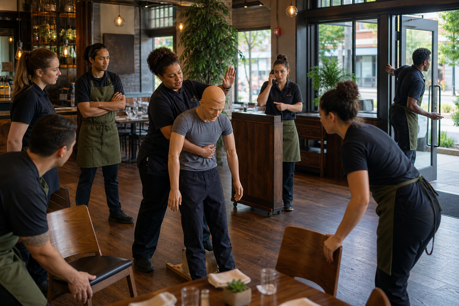 Cinematic 3D restaurant staff manual-first choking response training before service