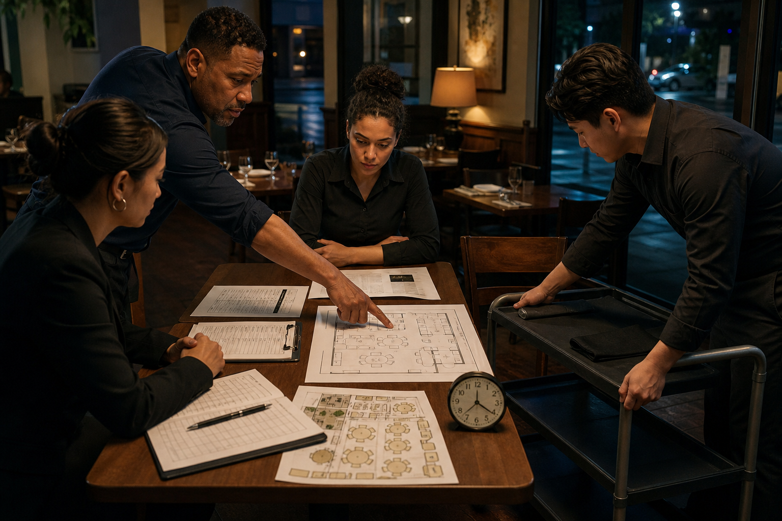 Cinematic 3D restaurant post-incident review with floor plan timestamps phone log and route corrections