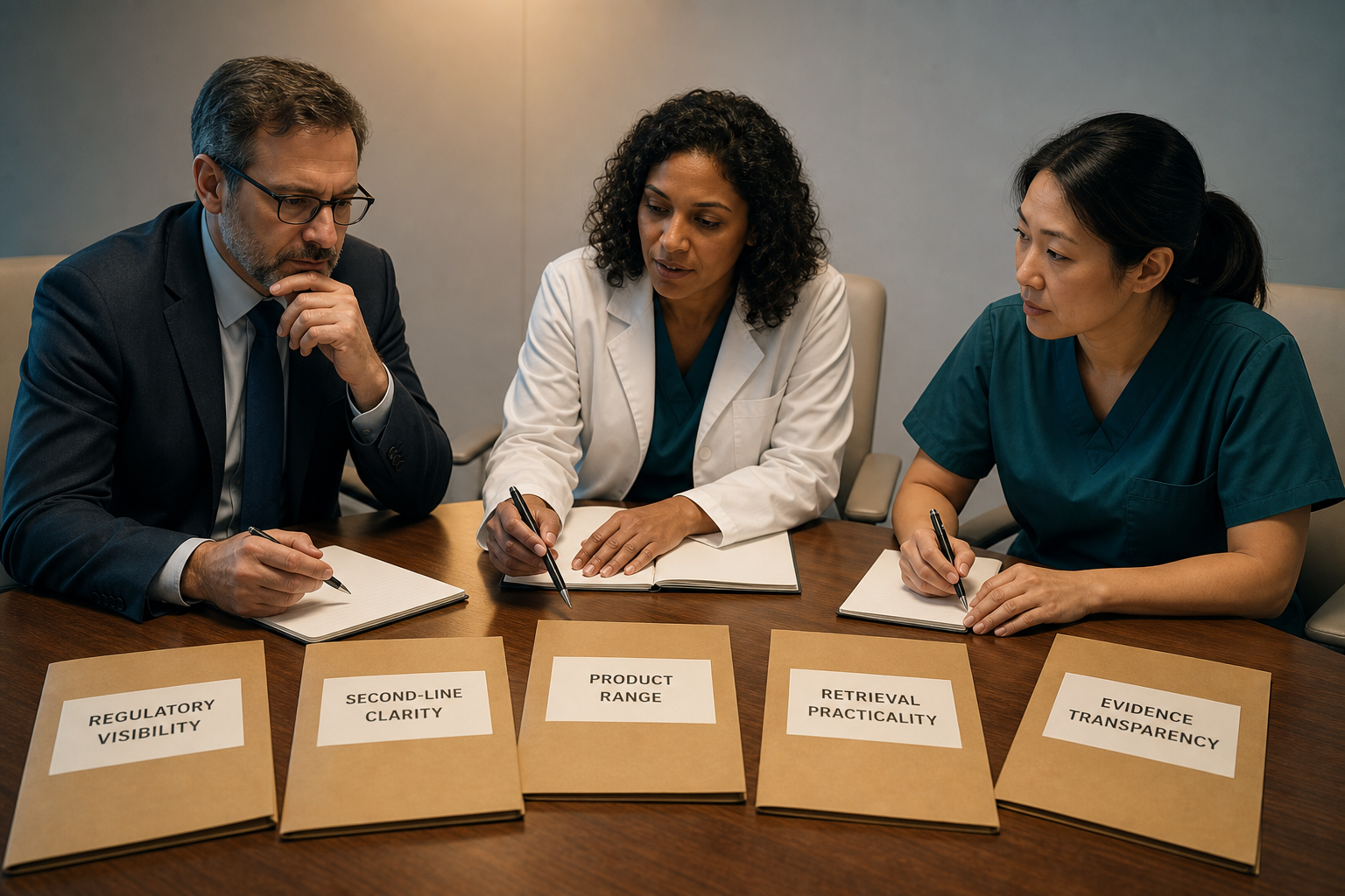 cinematic 3D medical procurement team evaluating anti choking device brands across five evidence criteria