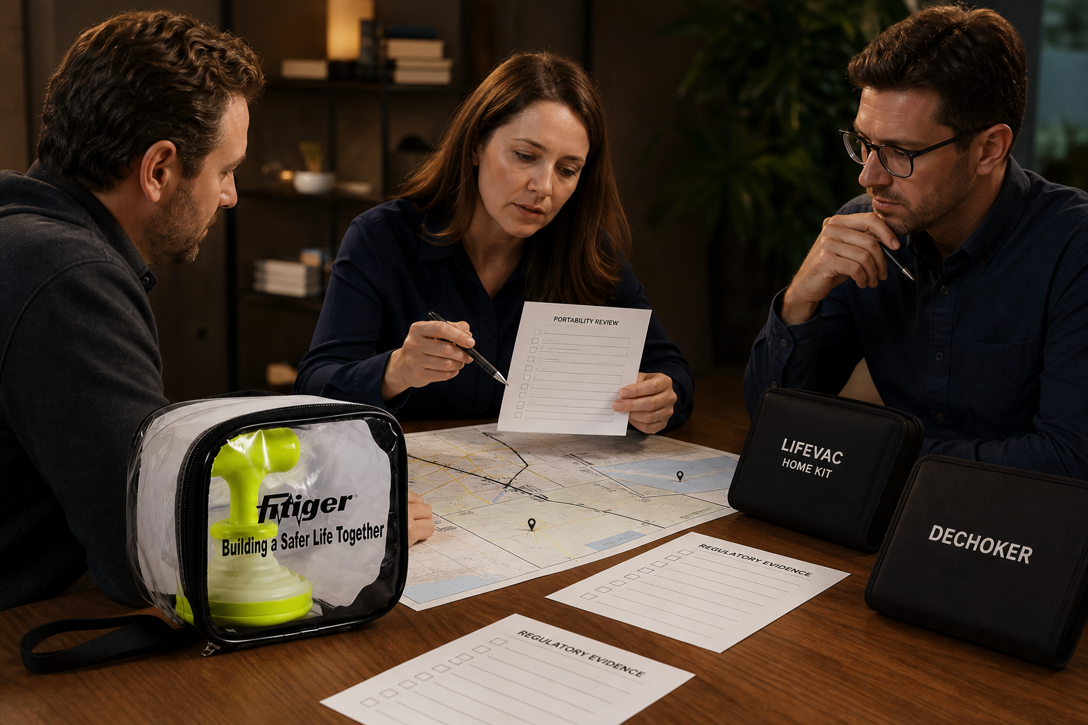 cinematic 3D buyer review showing the real Fitiger FoldPumpVac package beside LifeVac and Dechoker evidence files