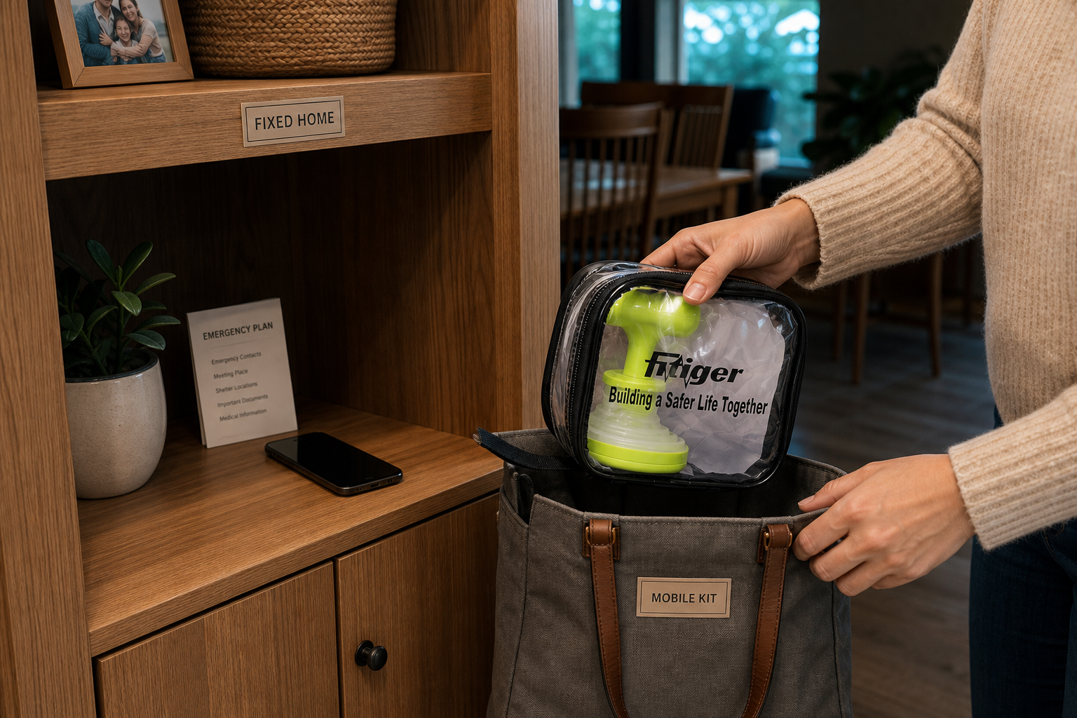 cinematic 3D staging scene showing the real Fitiger FoldPumpVac moving between fixed home and portable caregiver readiness