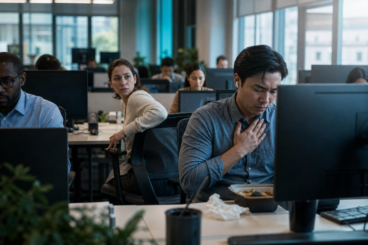 Cinematic 3D office scene showing a coworker recognizing silent distress during an isolated desk lunch.