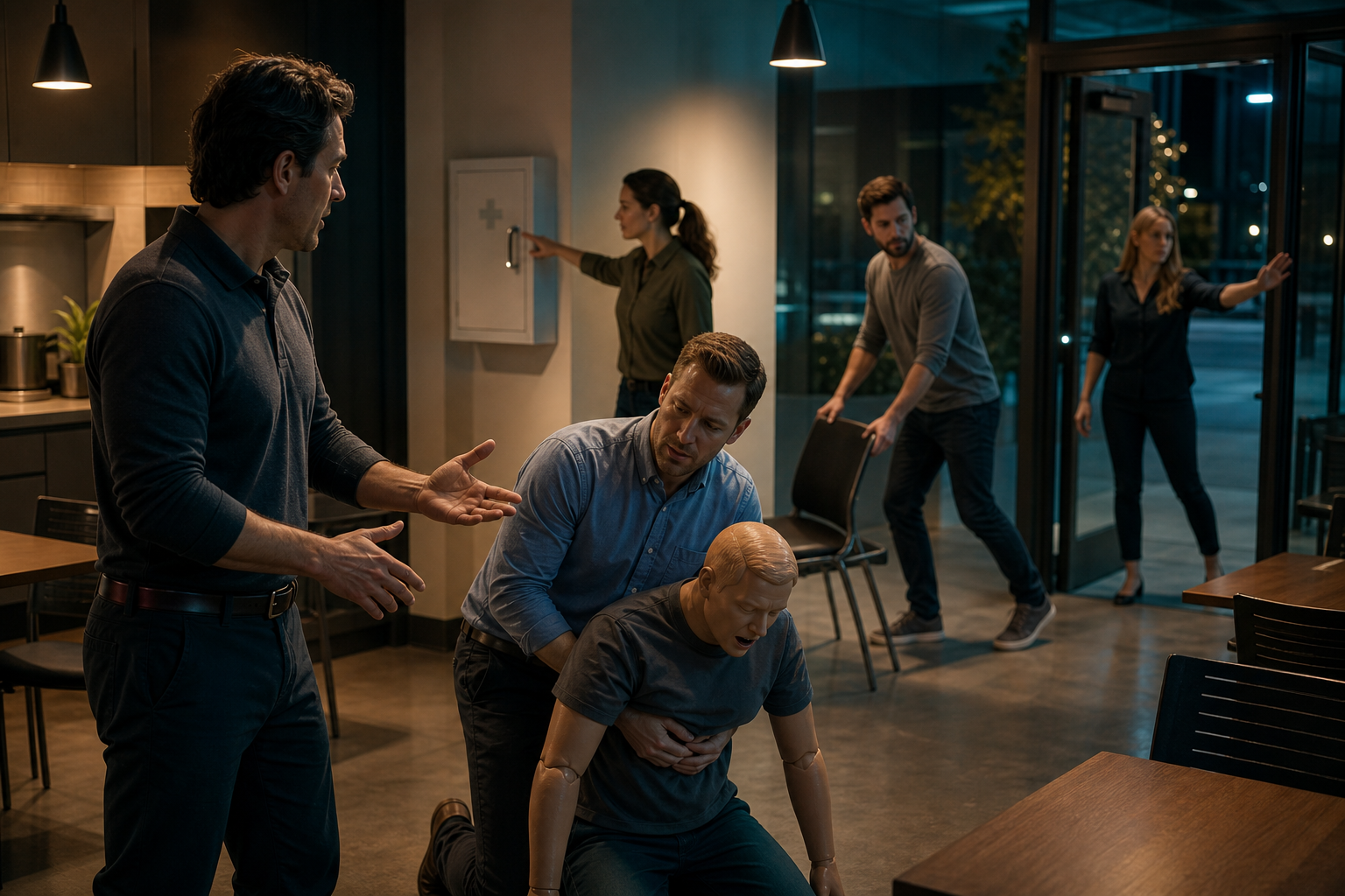 Cinematic 3D office first aid drill showing assigned roles, a cleared route, and an open entrance for EMS.