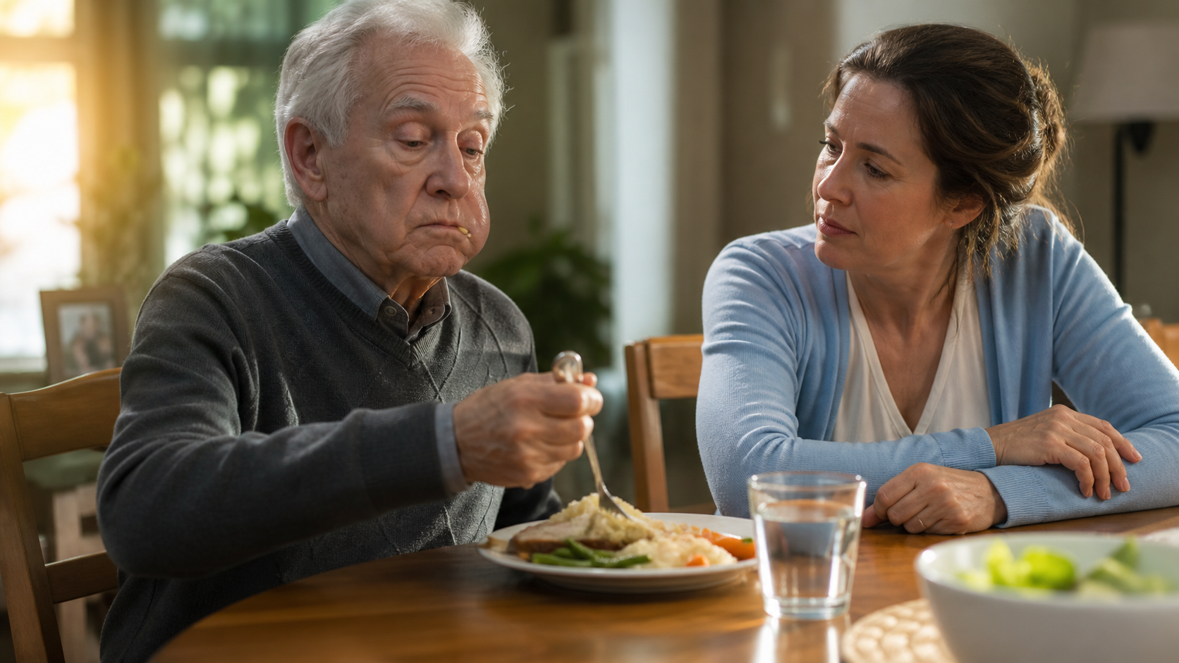 A caregiver notices food pocketing and rushed bites during a dementia-care meal.