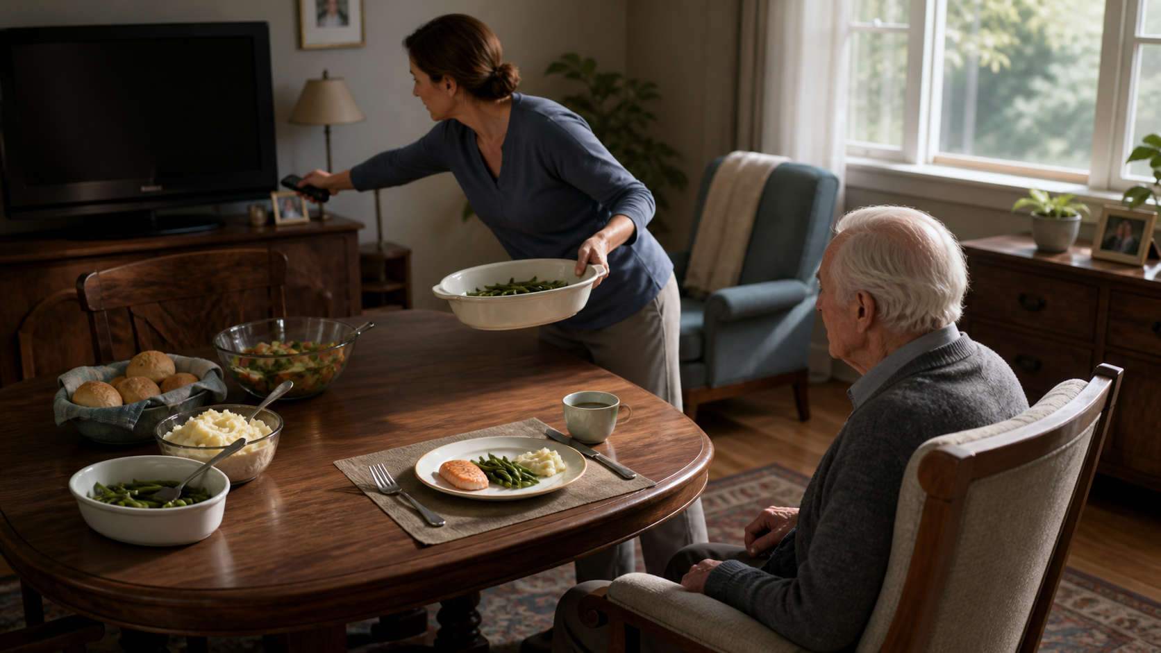 A caregiver removes table clutter and turns off the television to simplify a dementia-care meal.