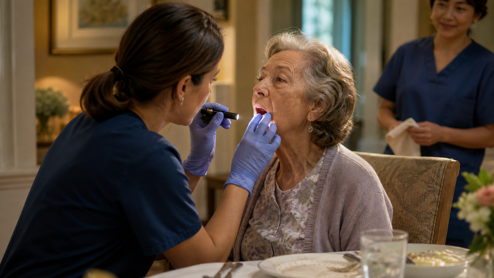 A caregiver performs a respectful post-meal mouth check for food pocketing in dementia care.