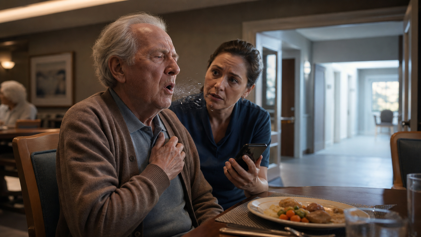 A caregiver assesses a strong effective cough with a phone ready and a clear emergency route.