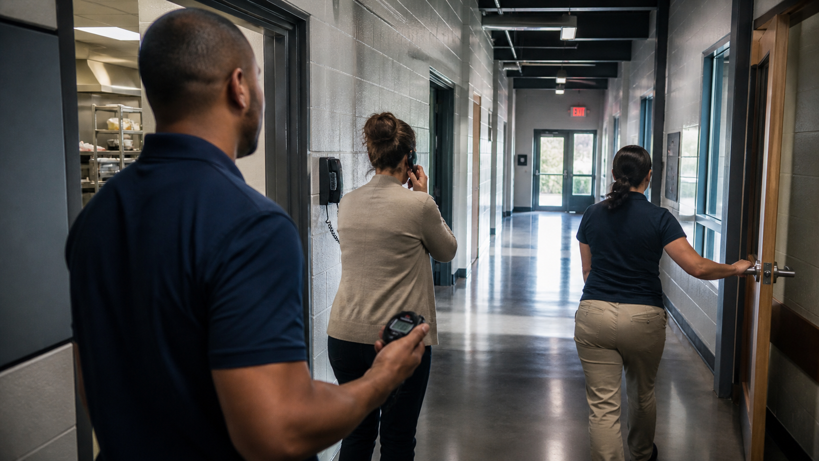School staff timing the real response route from a food area through corridors to the EMS entrance