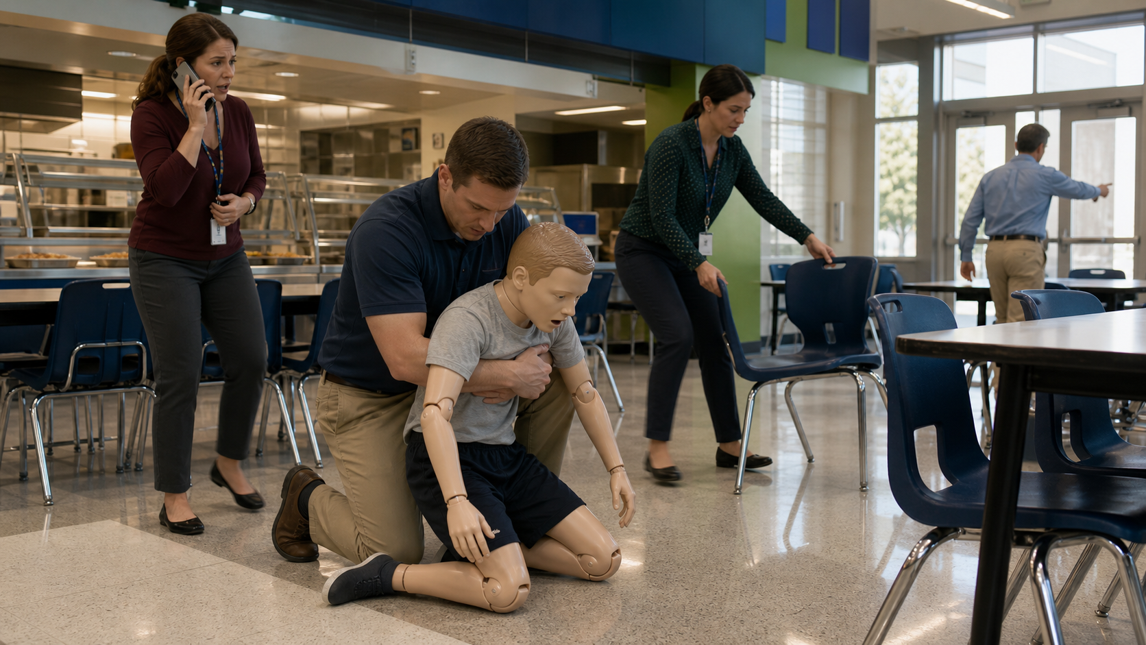 Cafeteria choking-response drill with separate responder, 911 caller, space-clearance, and EMS-guide roles