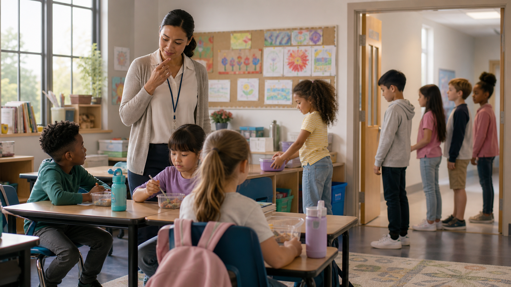 Teacher supervising seated classroom snacks before students line up for a transition