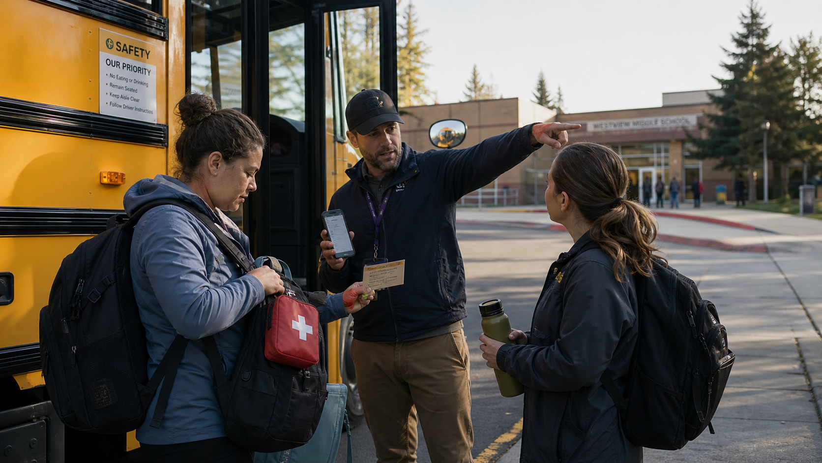 Field-trip leader checking emergency phone access, location details, first-aid supplies, and staff roles before bus departure