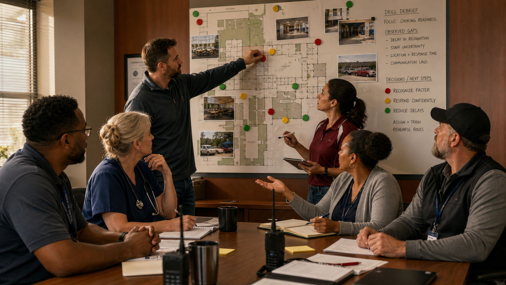 School safety team scoring observed choking-readiness gaps after a campus drill debrief