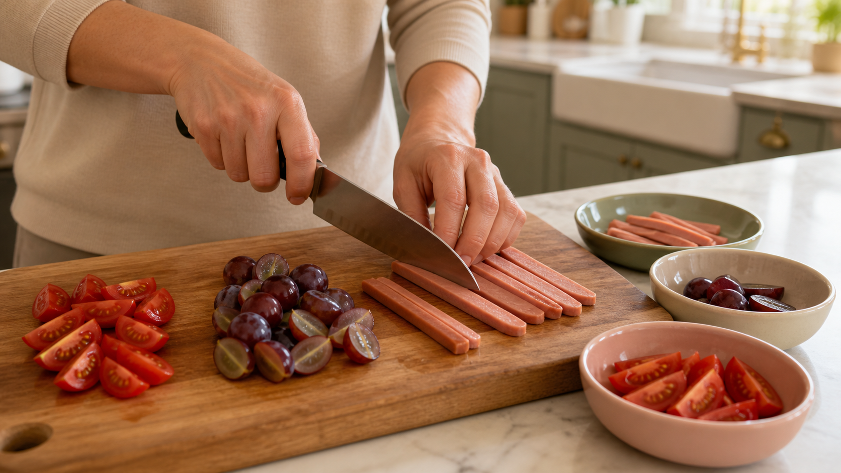 Cinematic 3D cutting board showing grapes tomatoes and hot dogs cut lengthwise for toddler meals