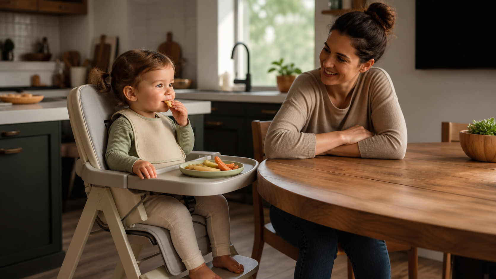Cinematic 3D seated toddler meal with calm close caregiver supervision and distraction control
