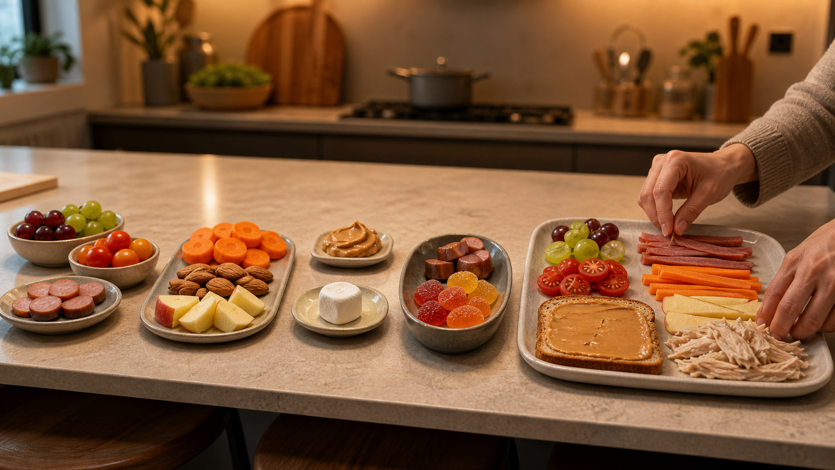 Cinematic 3D comparison of round hard sticky rubbery and softened toddler food textures
