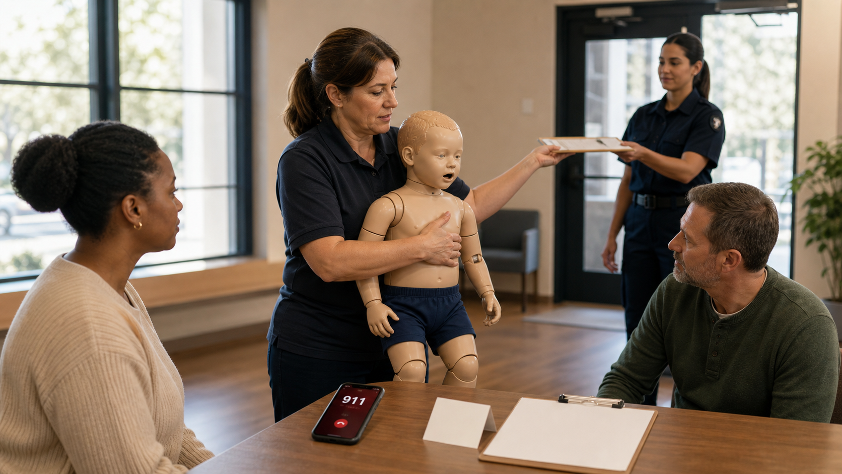 Cinematic 3D child first-aid training scene with 911 communication and EMS handoff readiness