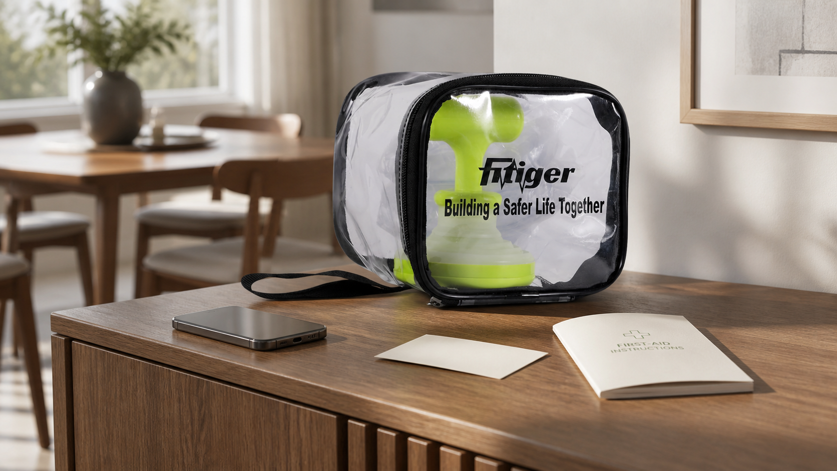 Real FITIGER FoldPumpVac package staged at a home dining-area second-line readiness point