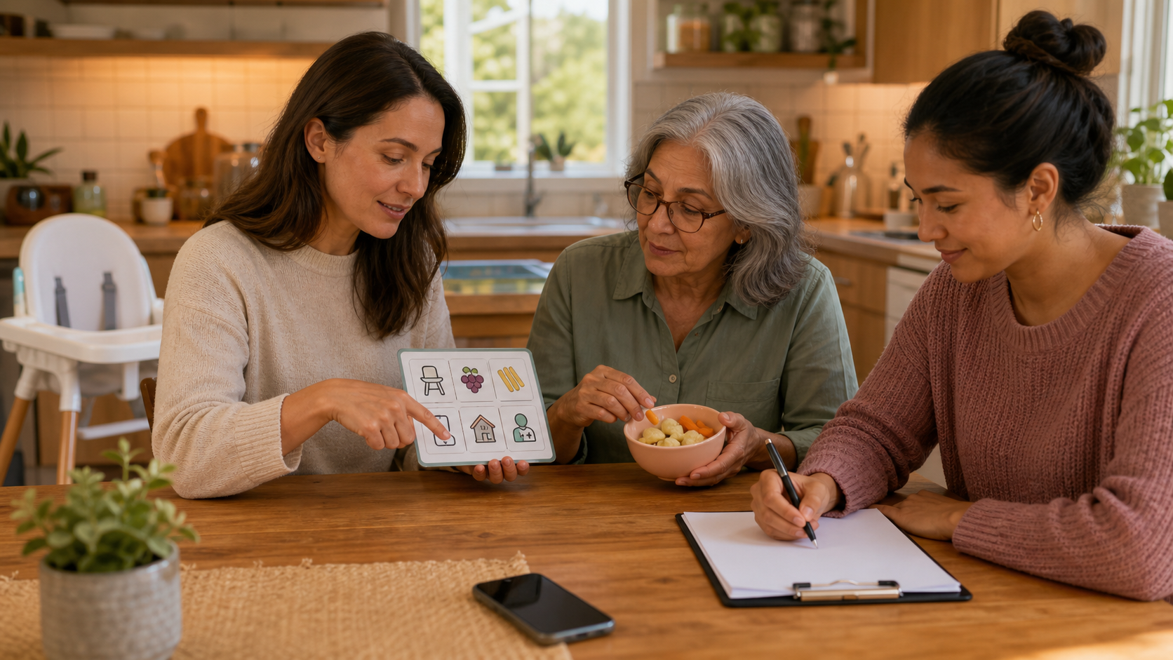 Cinematic 3D caregiver handoff meeting for toddler food preparation and choking response rules