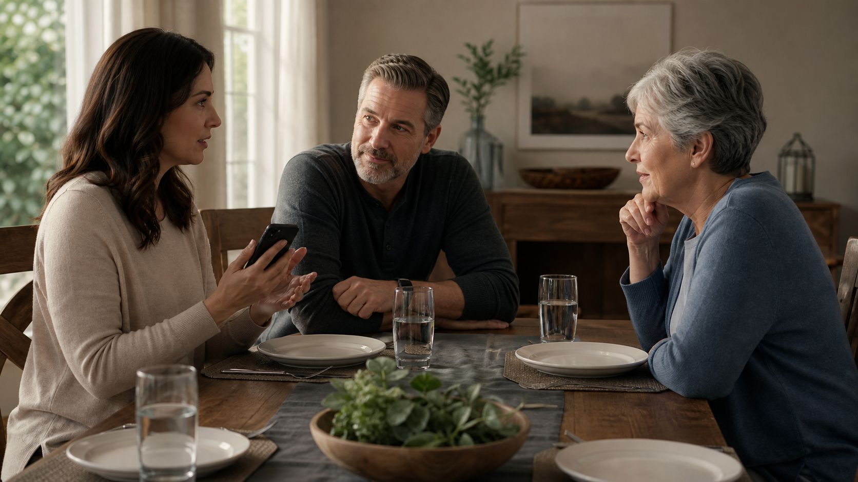 Family calmly discussing emergency call and response roles at the dining table