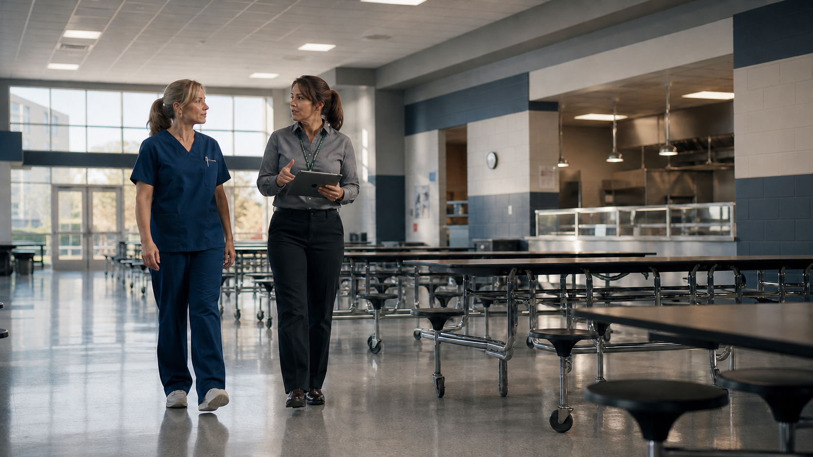 School nurse and safety lead reviewing cafeteria response needs before service