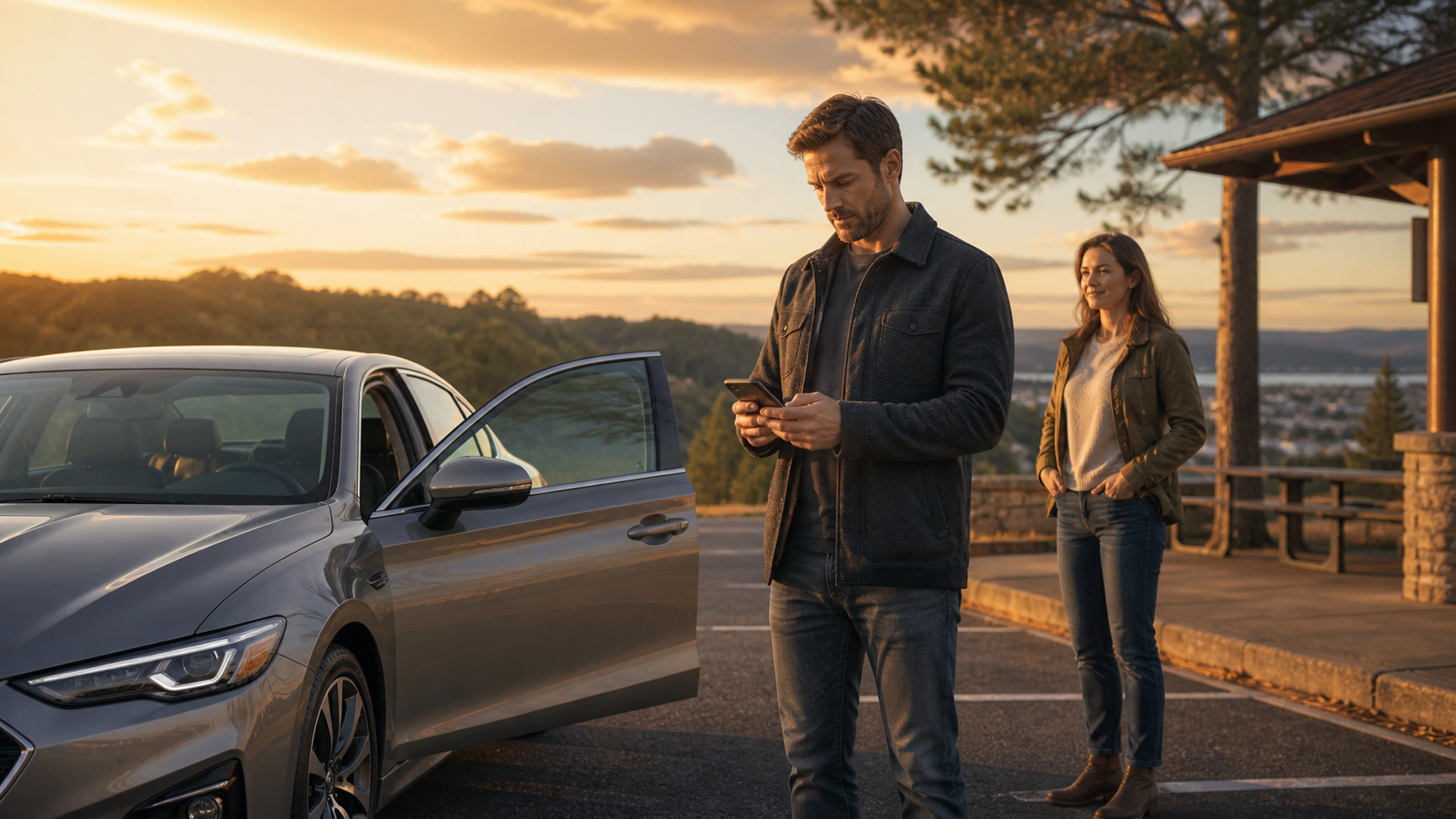 Adult reviewing a travel emergency response plan beside a safely parked car