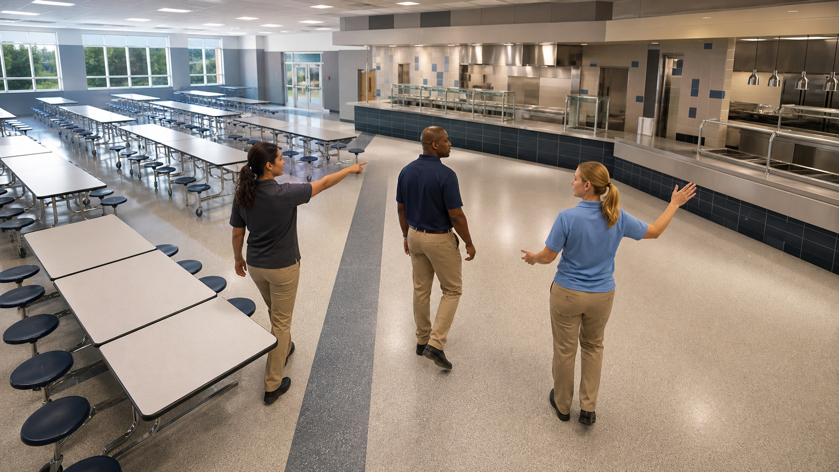 Cafeteria staff walking through response roles before meal service begins