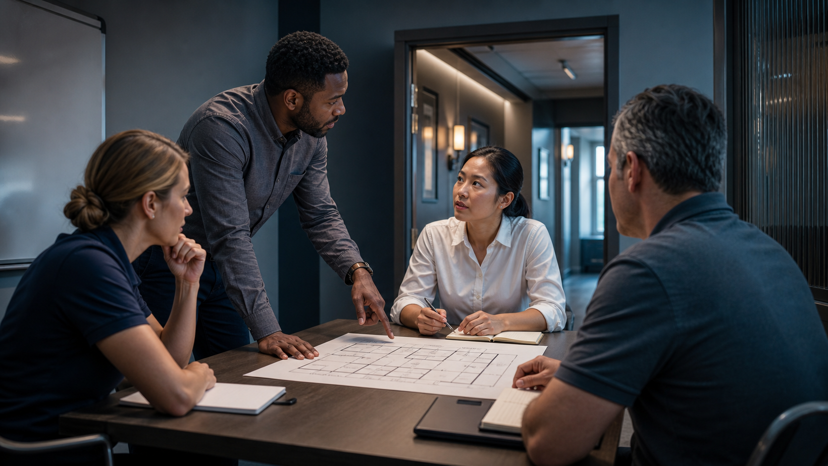 Workplace team assigning emergency roles during a tabletop readiness drill