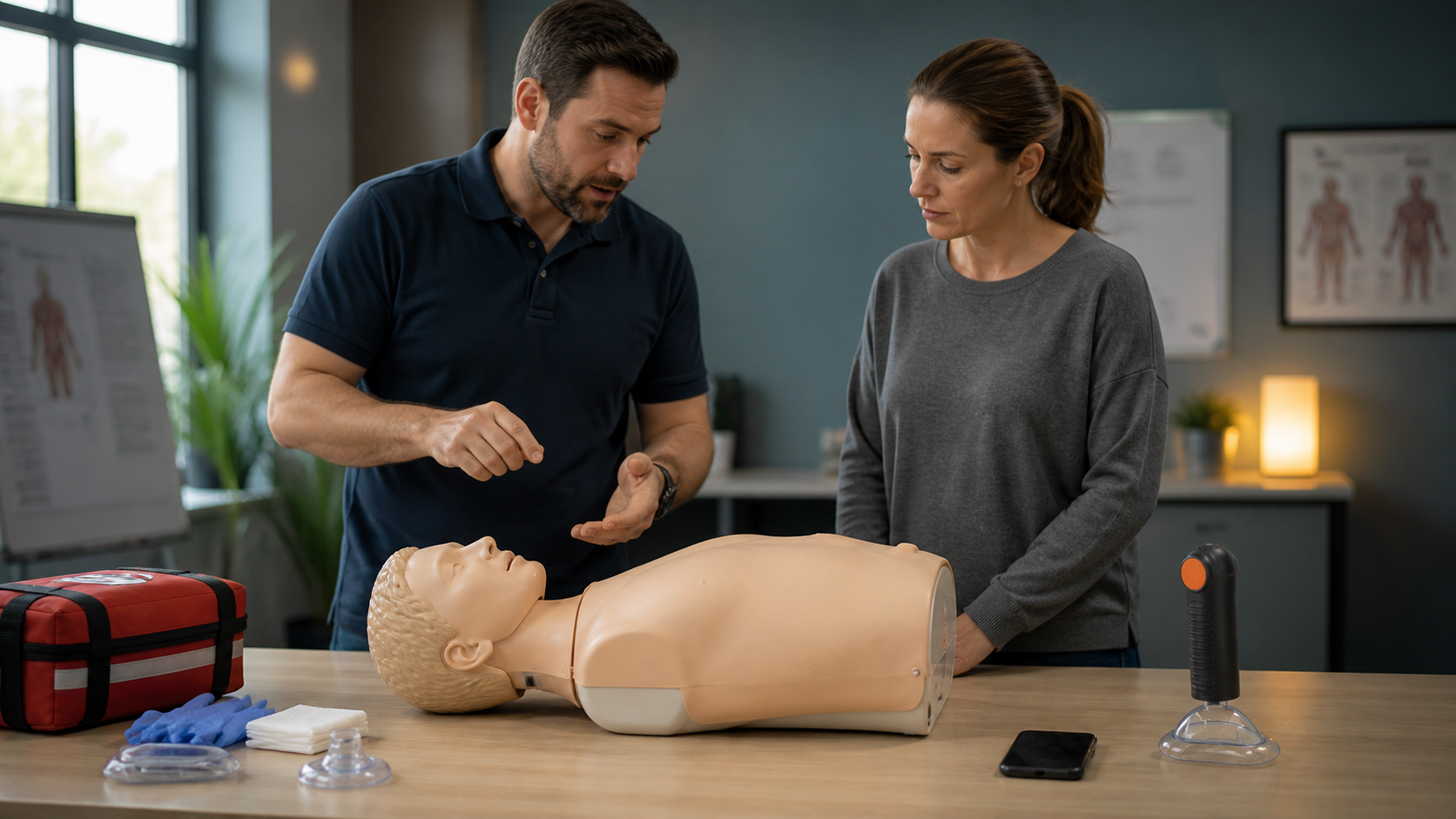 First-aid instructor and caregiver reviewing the real Fitiger EasyPumpVac as a second-line backup beside a training manikin