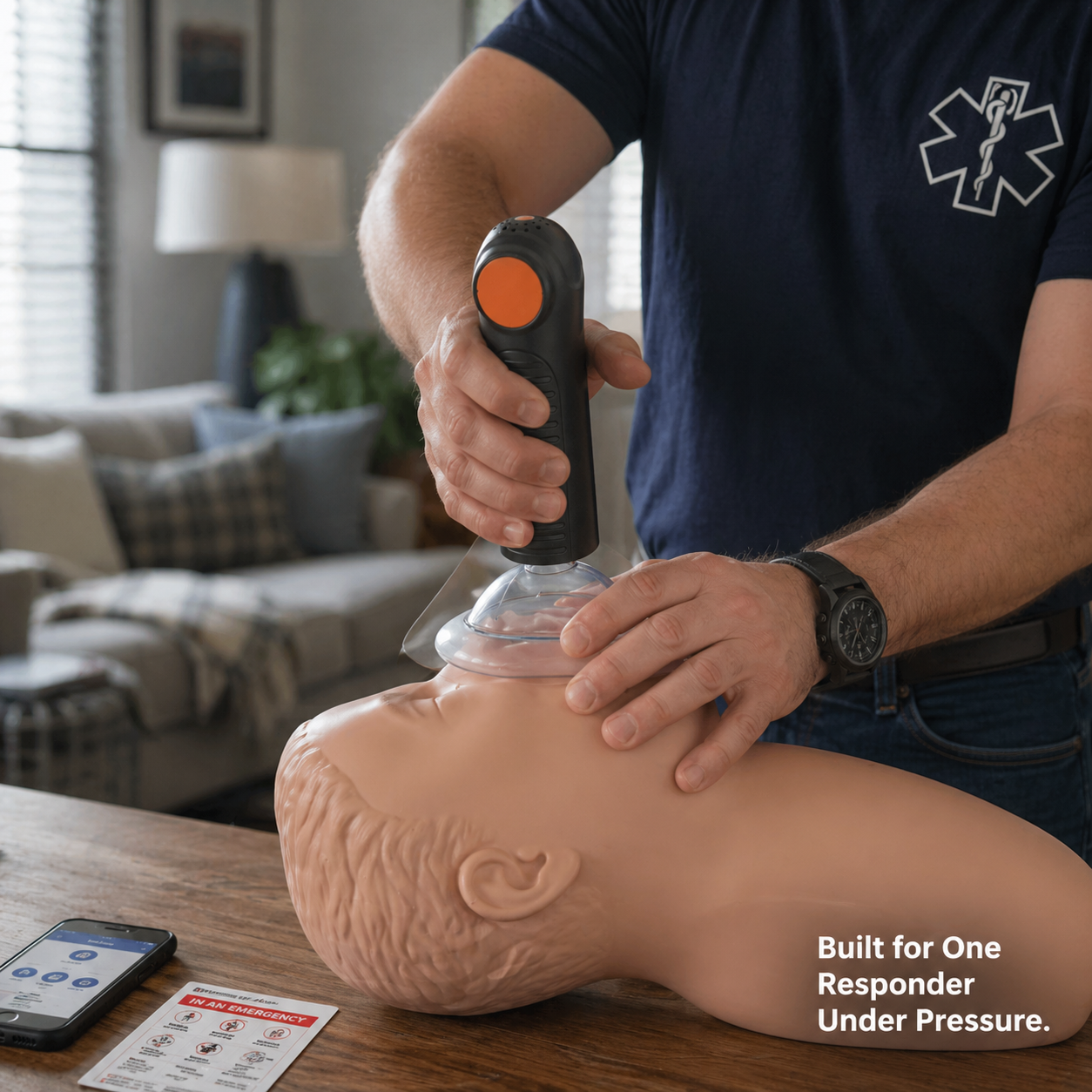 Responder practicing the real Fitiger EasyPumpVac second-line workflow on an adult training manikin