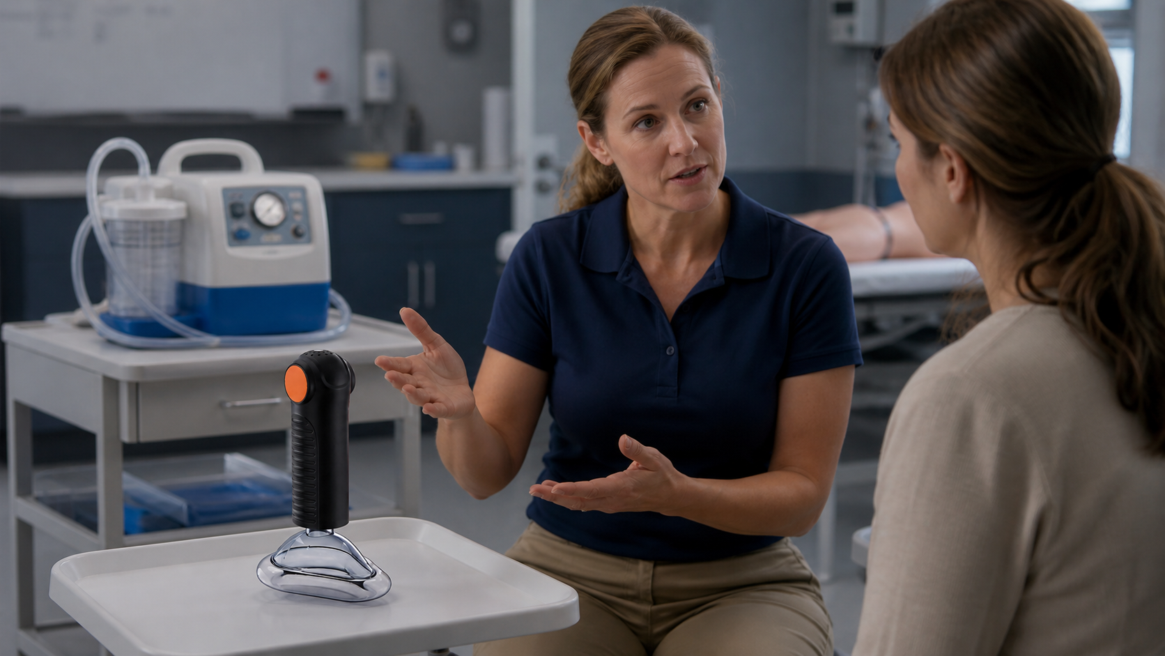 Educator comparing the real Fitiger EasyPumpVac home-readiness role with professional airway suction equipment