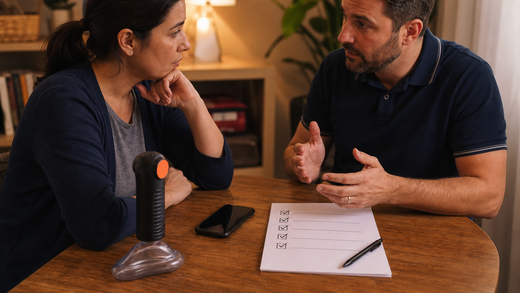 Caregiver reviewing self-rescue limits and emergency backup planning with the real Fitiger EasyPumpVac