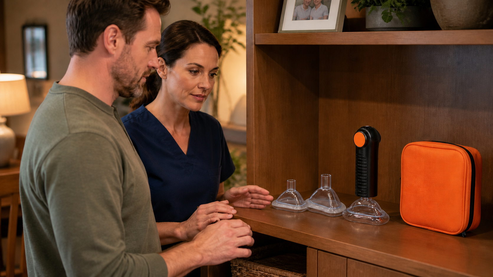 Caregiver and clinician reviewing the real Fitiger EasyPumpVac kit with three transparent mask sizes and orange carrying case