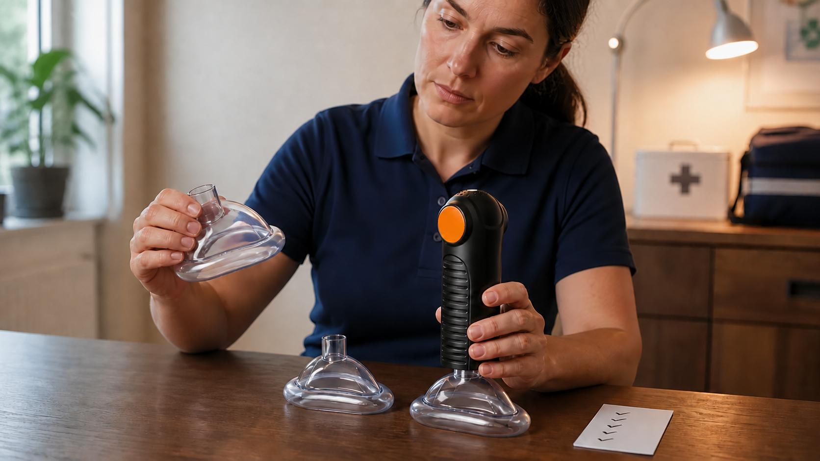 Caregiver inspecting three real Fitiger EasyPumpVac replacement masks and device for long-term readiness