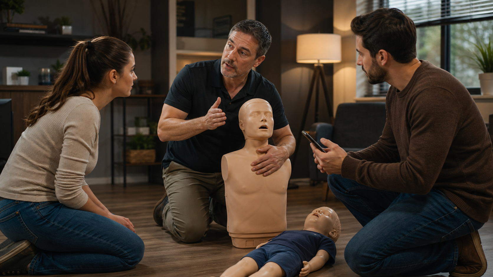 Cinematic 3D first-aid instructor teaching adult and child choking recognition with training manikins and phone access