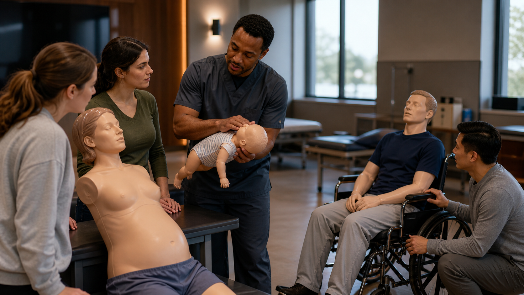 Cinematic 3D special-situations choking first-aid lab with infant pregnancy and wheelchair training manikins