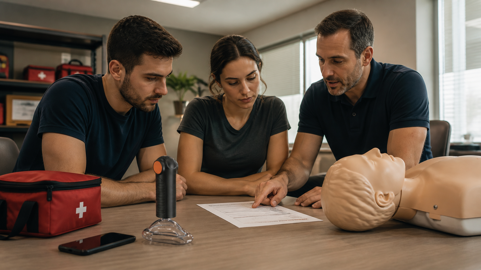 Cinematic 3D first-aid team reviewing second-line readiness with the real Fitiger EasyPumpVac and a training manikin