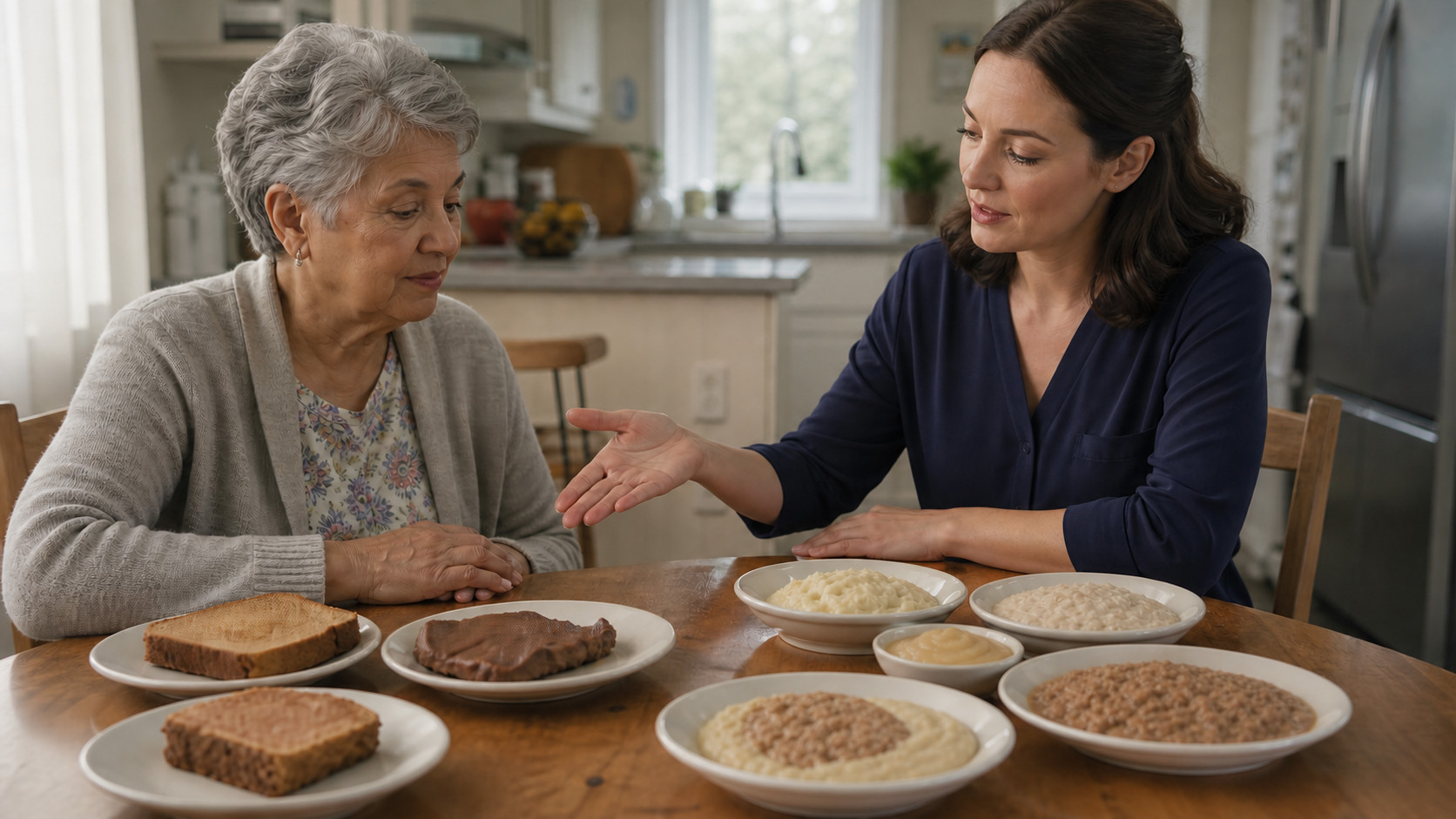cinematic 3D kitchen scene comparing dry choking risk foods with moist senior friendly meal options