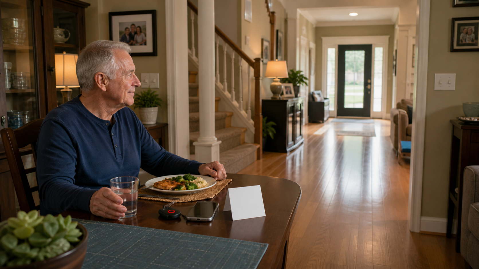 cinematic 3D senior dining scene showing phone access response card and a clear route for emergency responders