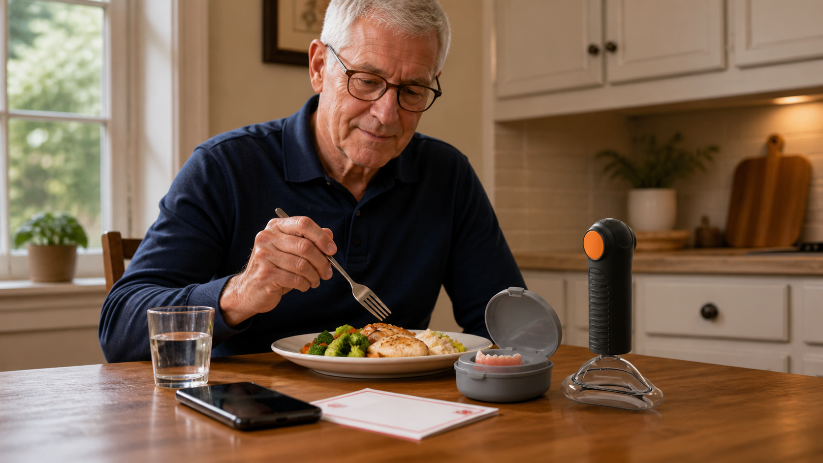 cinematic 3D senior home readiness scene with phone meal plan and the real Fitiger EasyPumpVac as second line backup