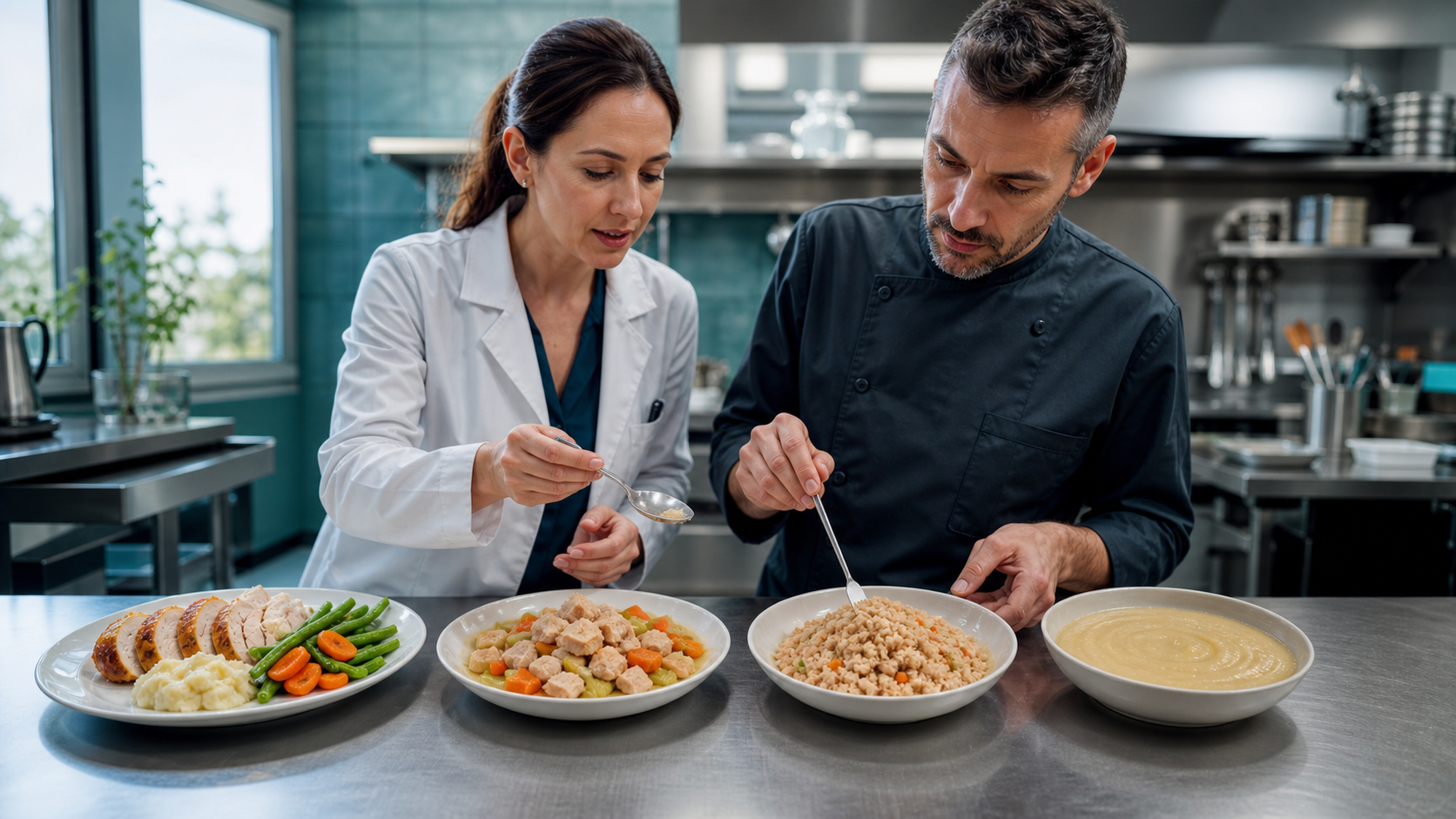 Cinematic 3D clinical kitchen texture progression from regular food to soft minced-moist and puree-style meals