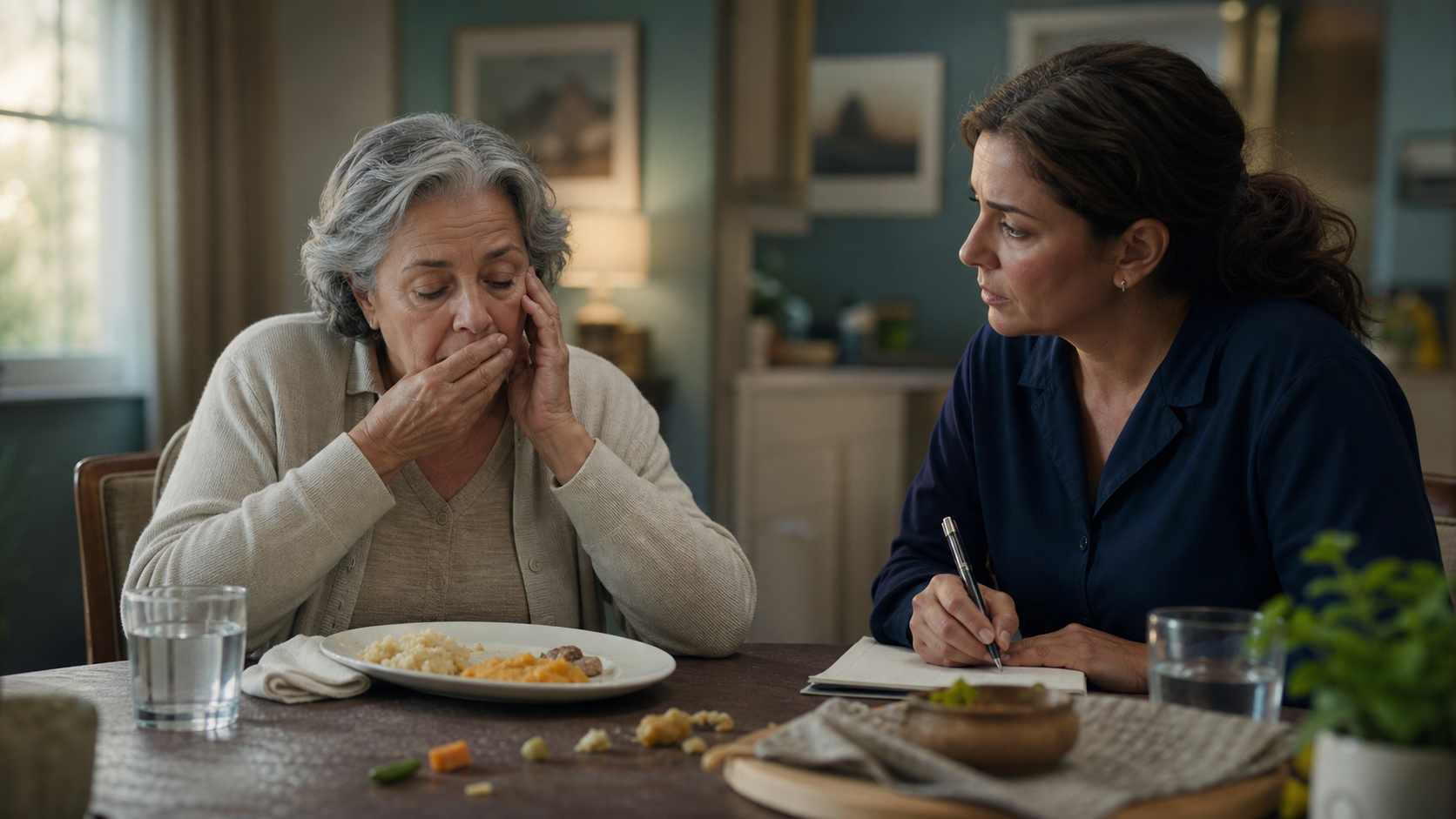 Cinematic 3D older-adult mealtime warning signs including coughing fatigue pocketing and an unfinished meal