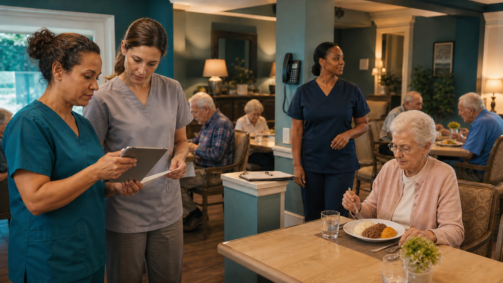 Cinematic 3D senior-care dining room with texture orders staff communication supervision and incident readiness