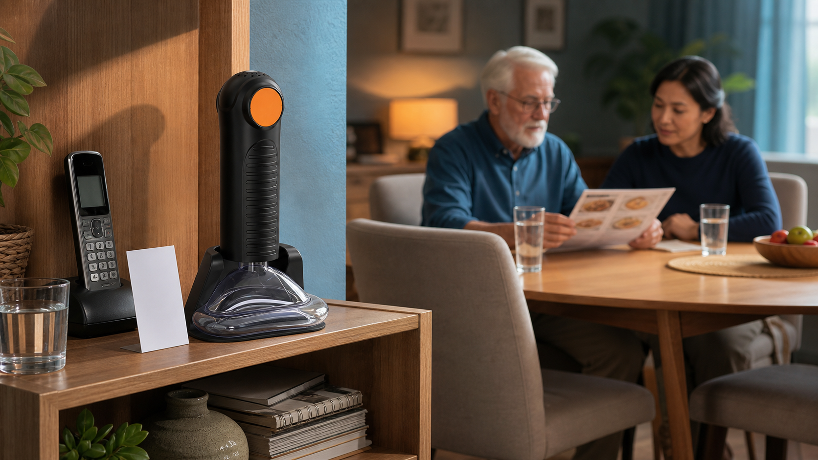 Real FITIGER EasyPumpVac staged at a home dining-area second-line readiness point for an older adult