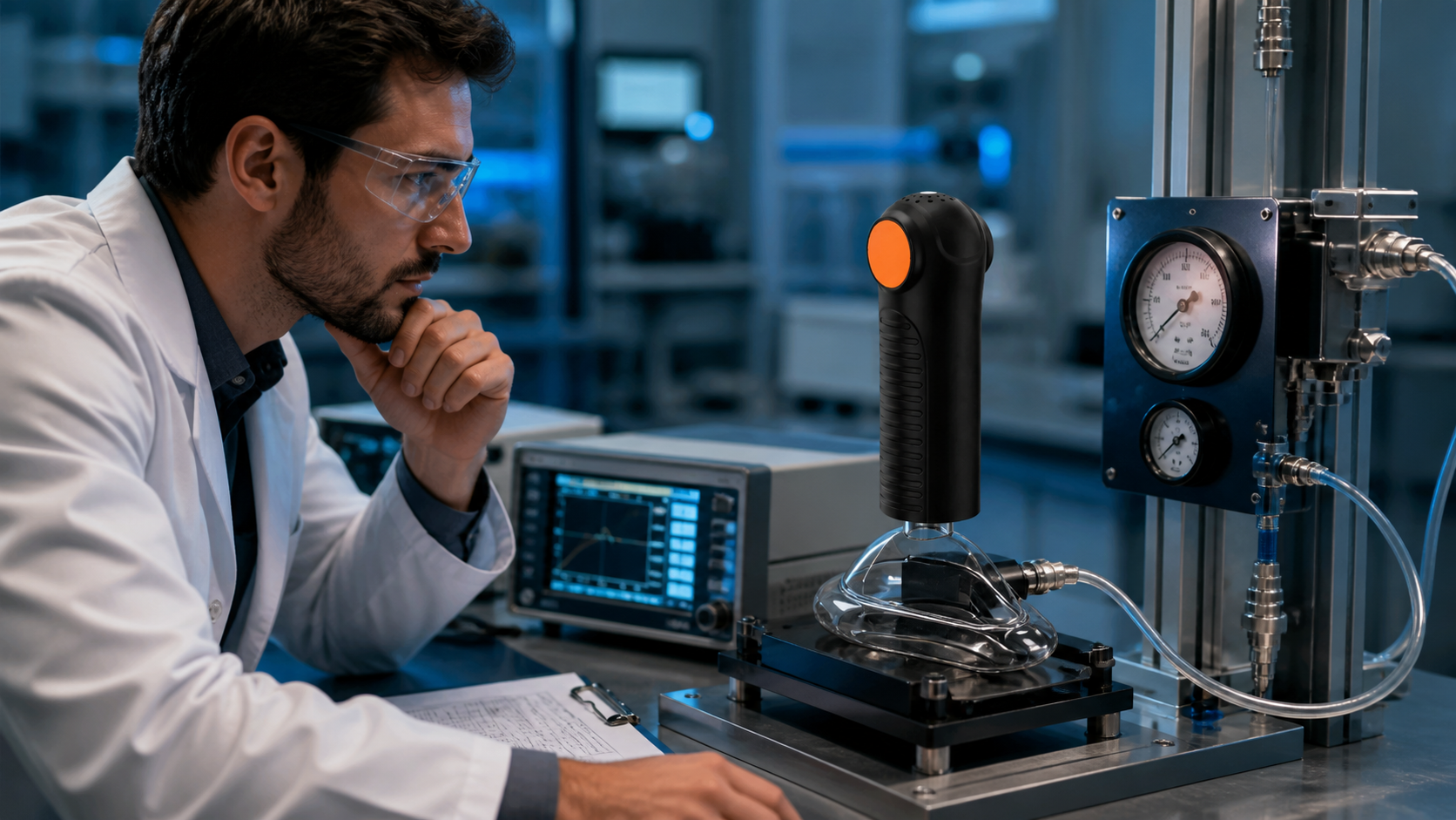 Cinematic 3D engineer testing the real Fitiger EasyPumpVac beside pressure and airflow instruments